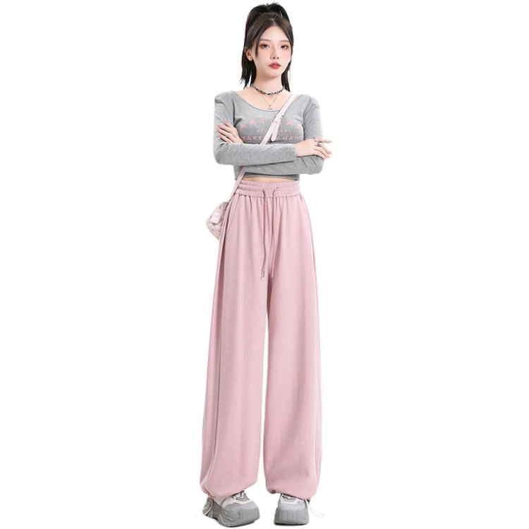 玫丝朵 宽松阔腿裤高腰抽绳束脚休闲裤 女款
