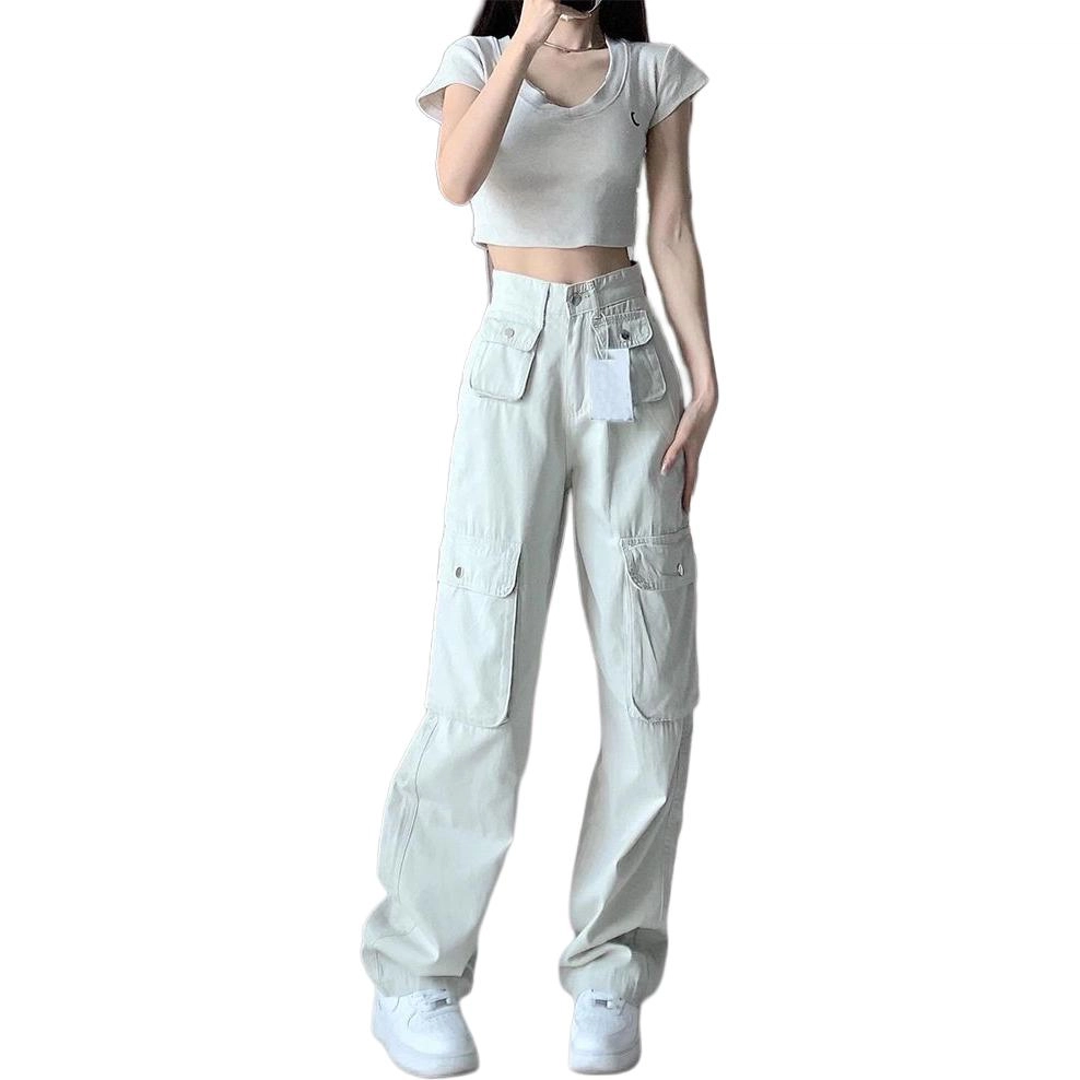 么宁 美式复古白色工装裤女直筒宽松阔腿高腰显瘦休闲多口袋牛仔裤 男女同款