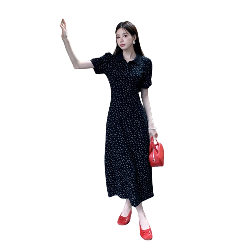 果瑱 法式复古优雅气质性感精致高端名媛时尚翻领小个子设计感休闲舒适百搭显瘦收腰减龄短袖连衣裙 女款