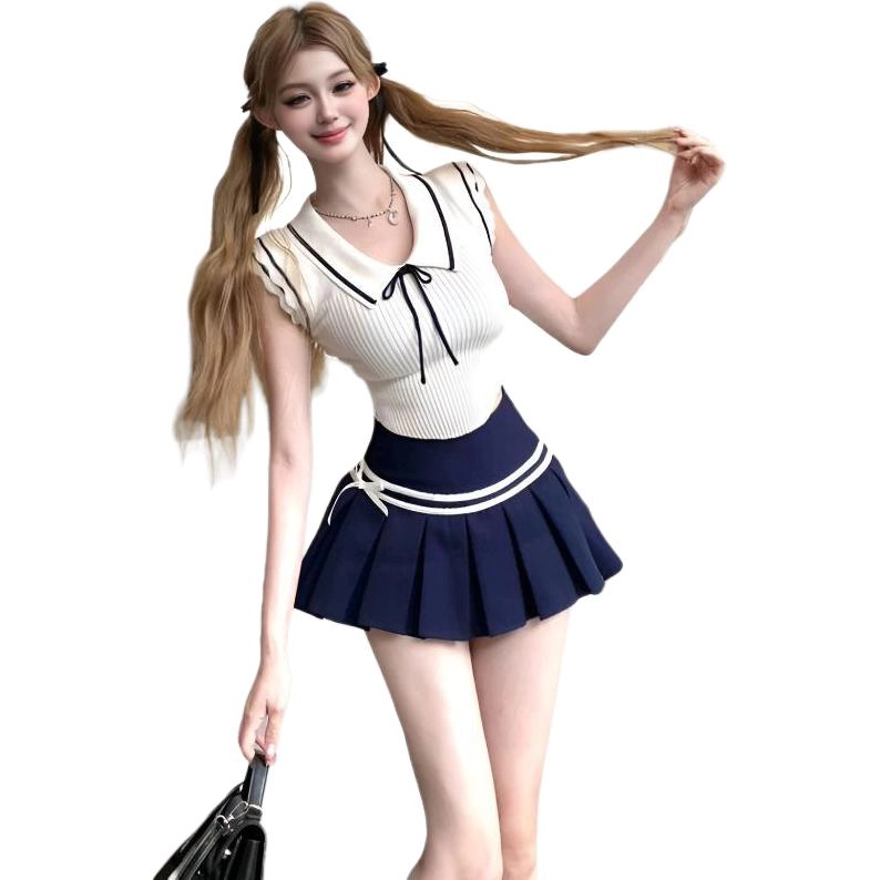 缪斯的诱惑 夏季学院风修身辣妹无袖针织上衣显瘦蓝色百褶短裙减龄两件套裙装套装 女款