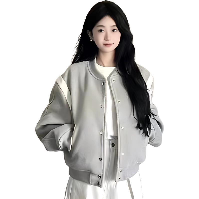 玉儿恋 美式复古纯色棒球领落肩宽松单排扣夹克外套 女款 浅灰色