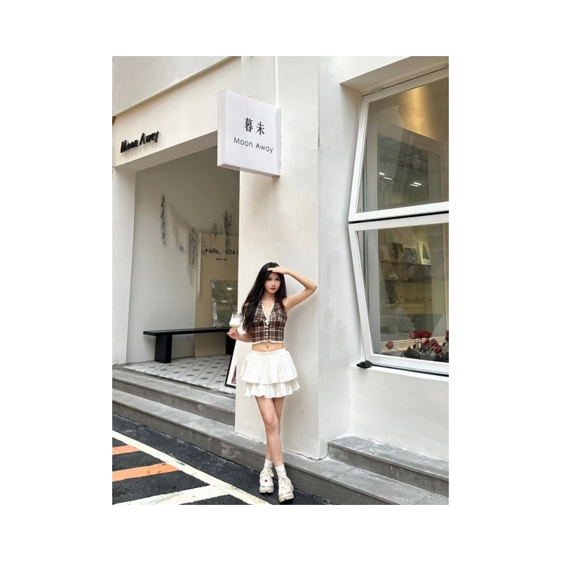 依钗 美式性感格纹蕾丝拼接蝴蝶结挂脖吊带 女款