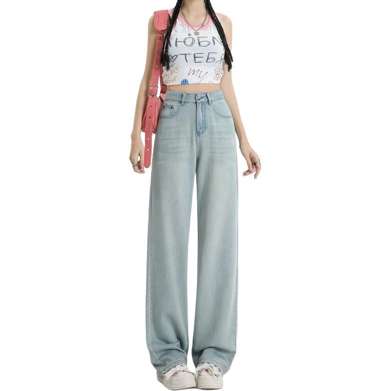 玫丝朵 做旧高腰拉链垂感宽松透气阔腿牛仔裤 女款 怀旧蓝