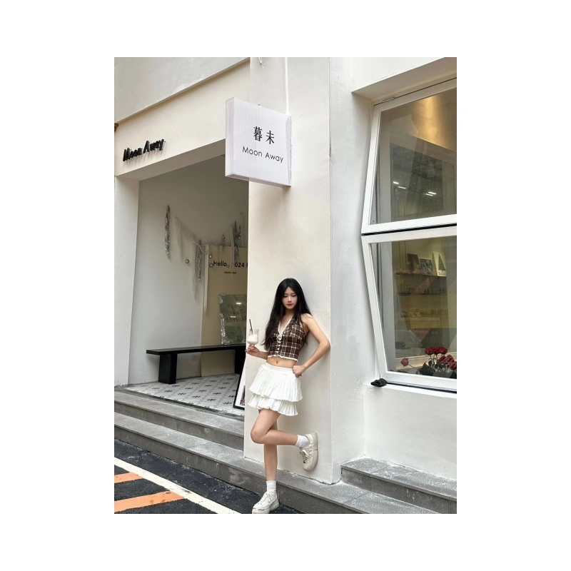 依钗 美式性感格纹蕾丝拼接蝴蝶结挂脖吊带 女款