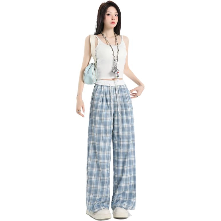 玫丝朵 美式新潮简约纹格设计松紧高腰宽松阔腿休闲裤 女款