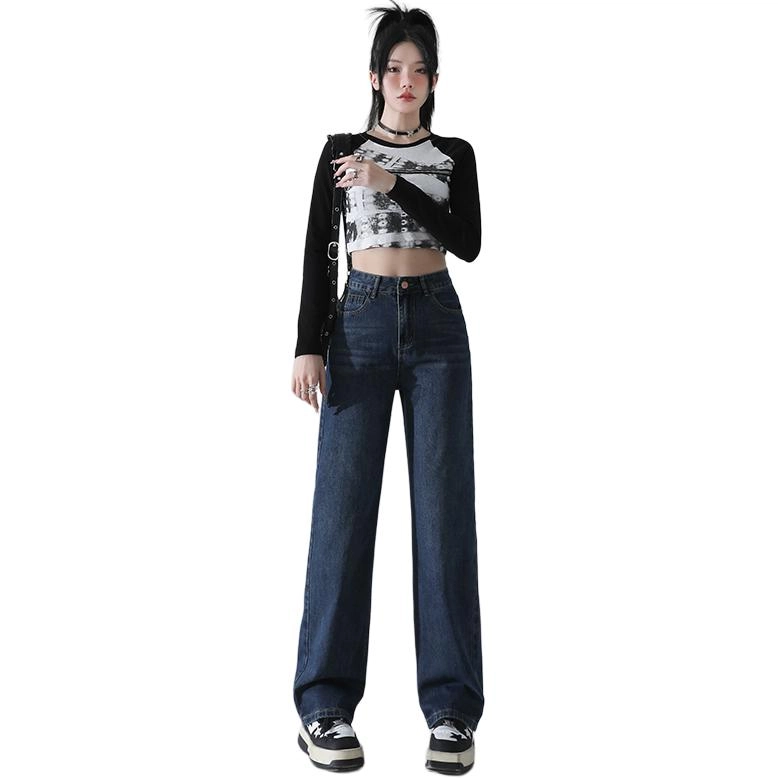 玫丝朵 美式复古做旧高腰宽松直筒阔腿牛仔裤 女款