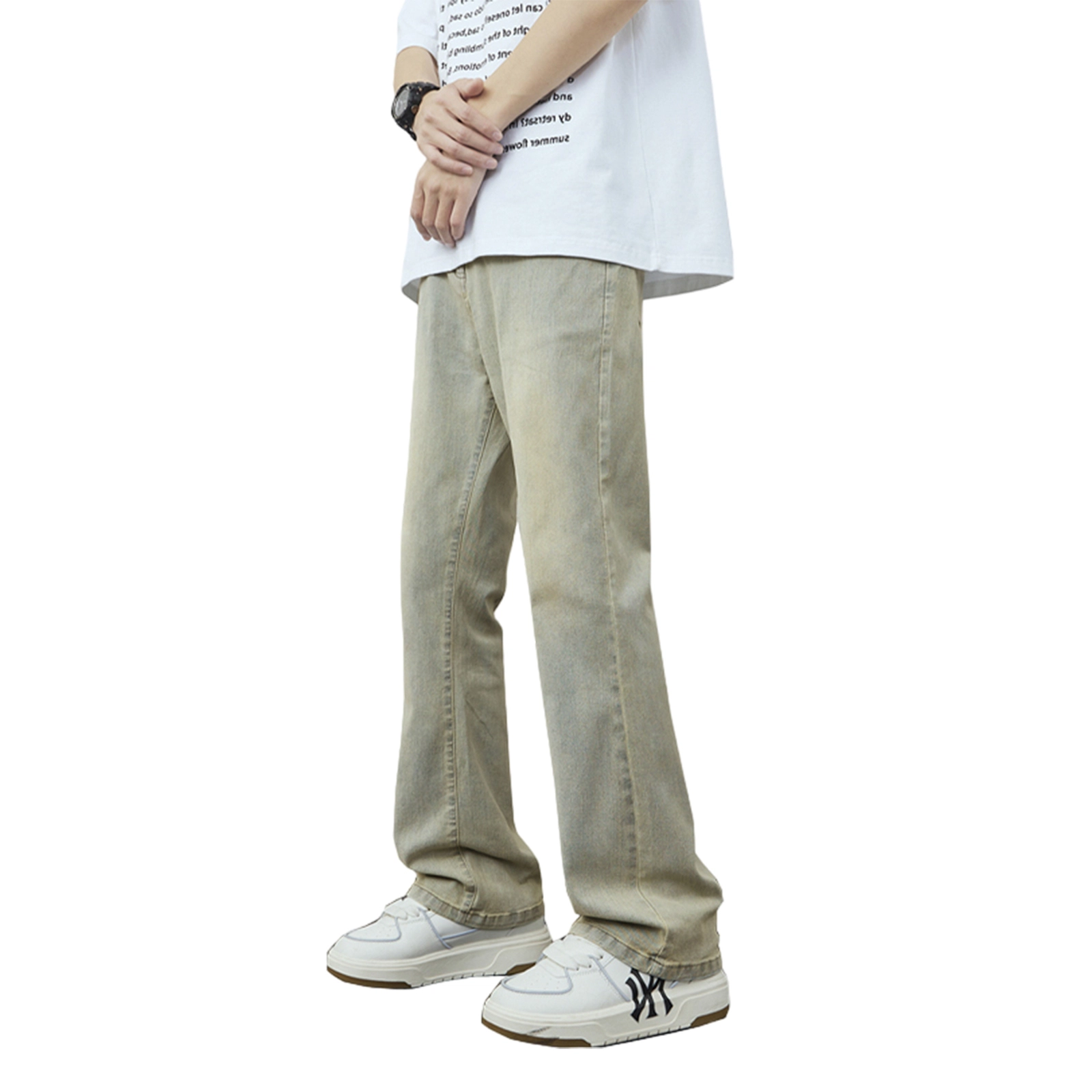 校园青春文艺高街潮流 磨白渐变弯刀裤显瘦显高帝狼牛 美式复古 夏季百搭休闲风牛仔裤 男女同款