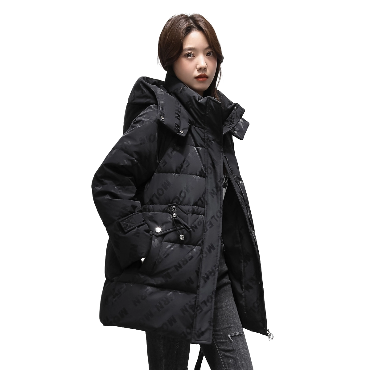 鸭鸭 中长款时尚印花宽松舒适保暖休闲连帽羽绒服 女款