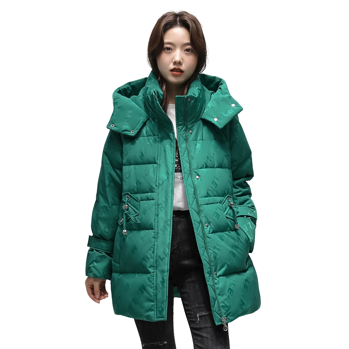 鸭鸭 中长款时尚印花宽松舒适保暖休闲连帽羽绒服 女款