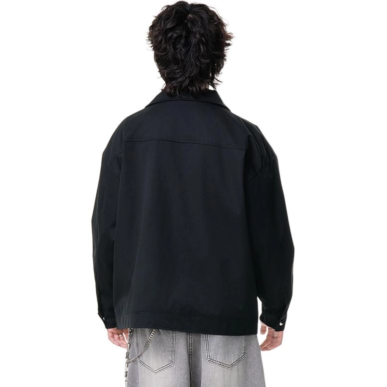 寻星记 纯色翻领双口袋简约防风机车铆钉拉链宽松休闲翻领长袖夹克外套 男女同款