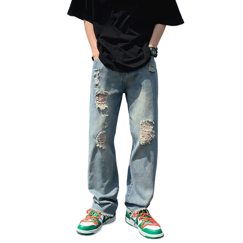 玉儿恋 破洞宽松百搭直筒阔腿毛边牛仔裤 男款 蓝色