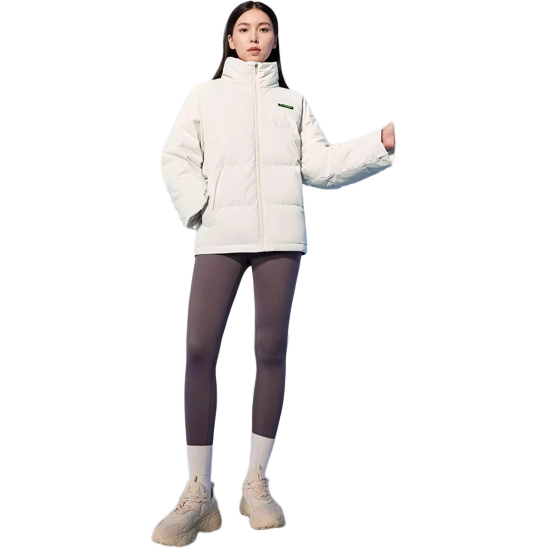 特步 综训系列 纯色立领透气长袖羽绒服 男女同款 棉花白