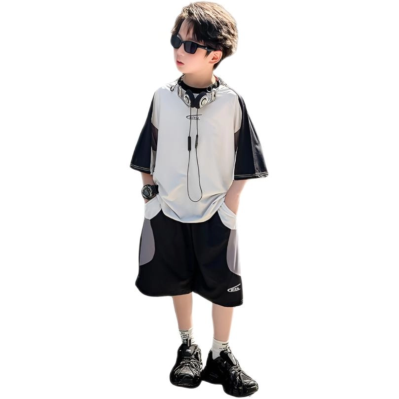 天才小熊休闲运动套装 男童夏季大童潮牌小孩衣服 小男孩短袖洋气时髦 时尚拼色速干冰丝 儿童款