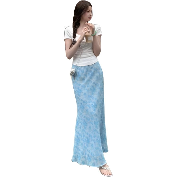 水中花 法式时尚碎花图案鱼尾高腰修身清新百搭休闲长裙 女款