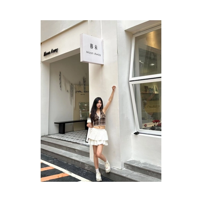 依钗 美式性感格纹蕾丝拼接蝴蝶结挂脖吊带 女款