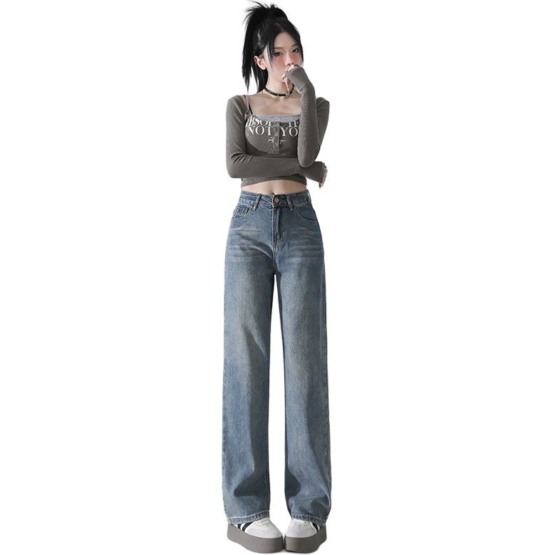玫丝朵 美式复古做旧高腰宽松直筒阔腿牛仔裤 女款