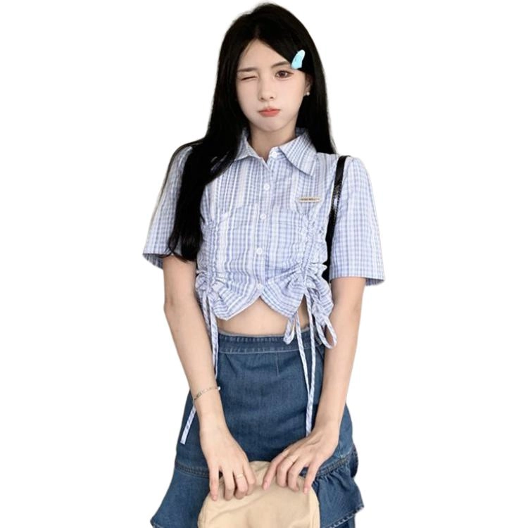 水中花 抽绳甜美设计感心机小众别致上衣短袖衬衫 女款