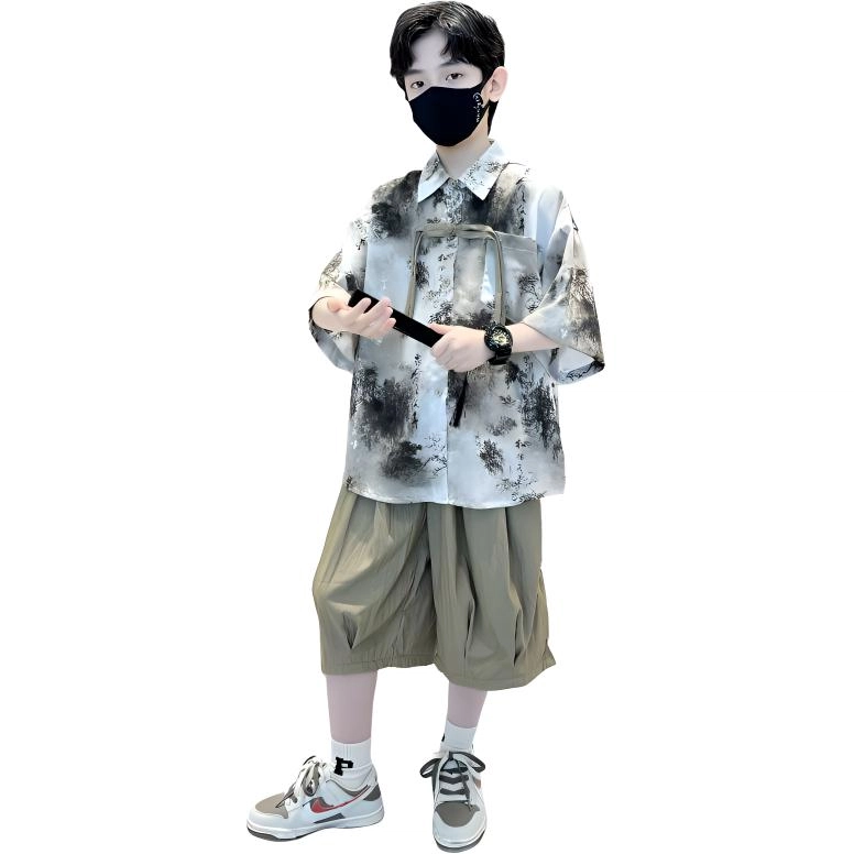 熊猫圆圆 男童新中式复古水墨画套装 儿童款