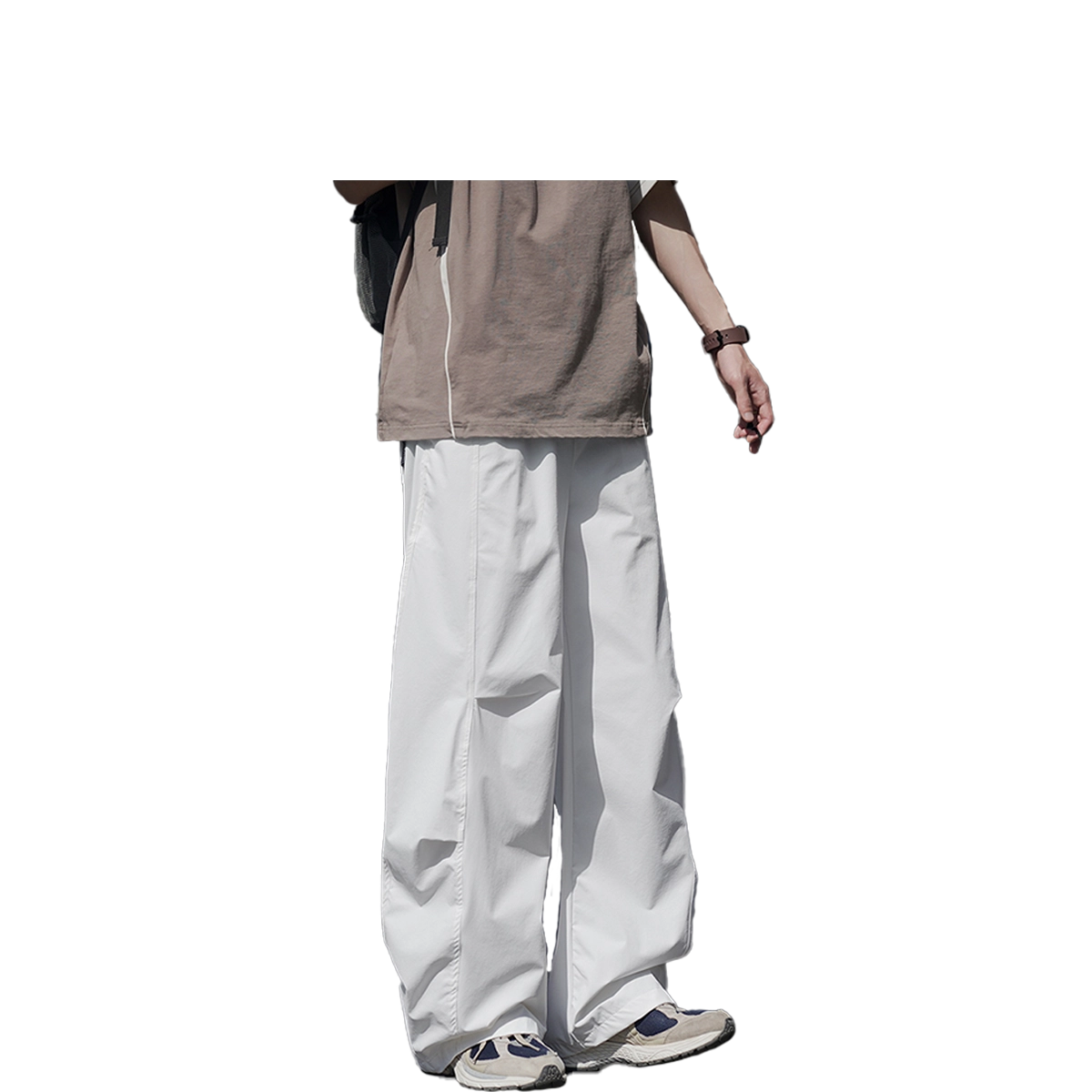 港仔文艺男 户外运动山系拼接解构速干薄款褶皱设计直筒阔腿伞兵裤纯色宽松休闲裤 男女同款