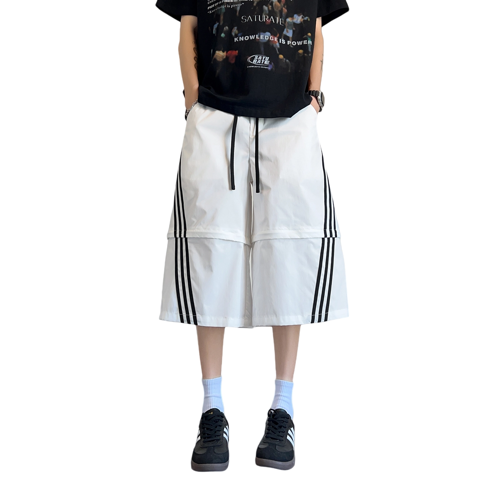 哲源 美式高街复古可拆卸条纹速干七分裤潮流时尚侧边三条杠织带薄款速干宽松篮球运动过膝休闲短裤 男女同款