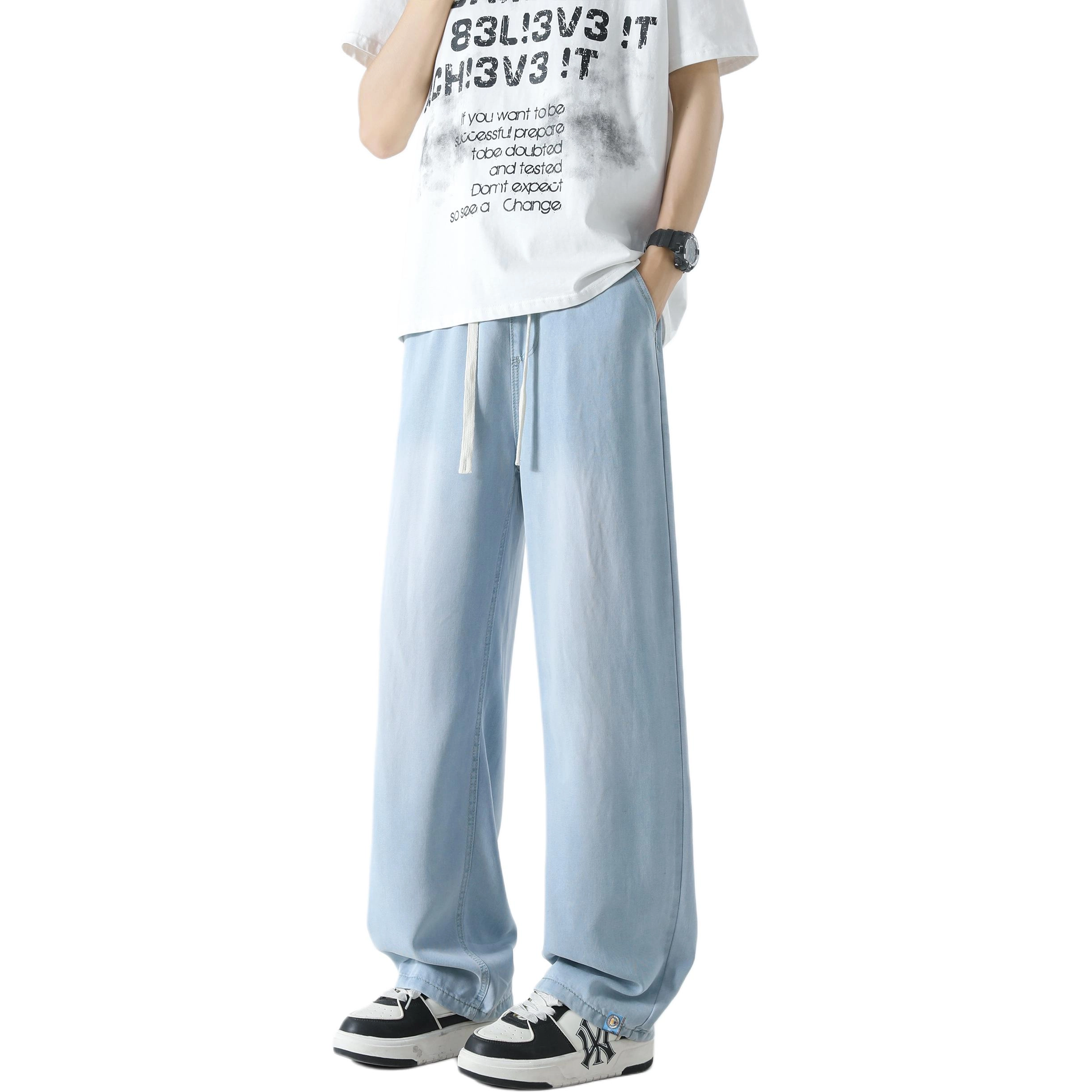 美式高街夏季薄款水洗做旧宽松直筒阔腿百搭休闲裤牛仔裤 男女同款