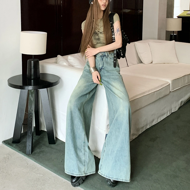 玫丝朵 高腰宽松阔腿设计感休闲百搭拖地牛仔裤 女款 复古甸蓝