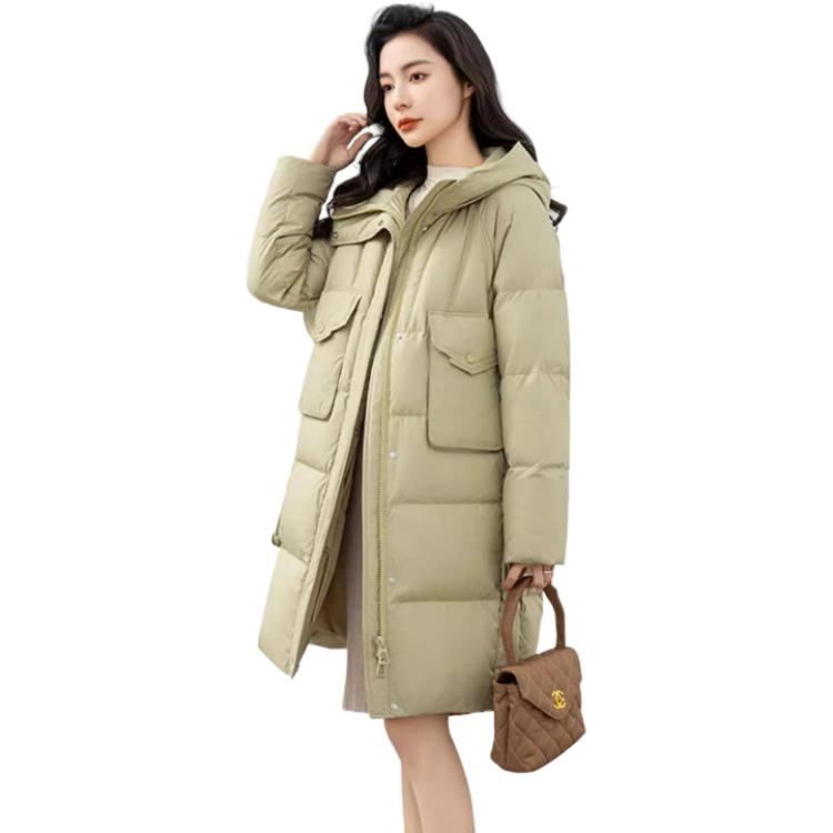 鸭鸭 纯色加厚中长款连帽拉链舒适休闲长袖羽绒服 女款