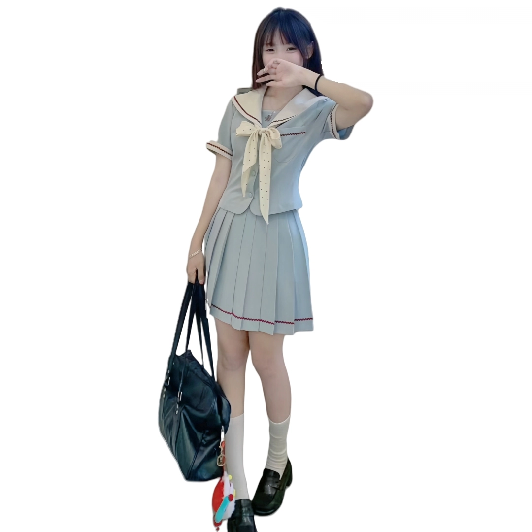 果瑱 学院风小众设计感海军领上衣短袖高腰百褶裙裙装套装 女款