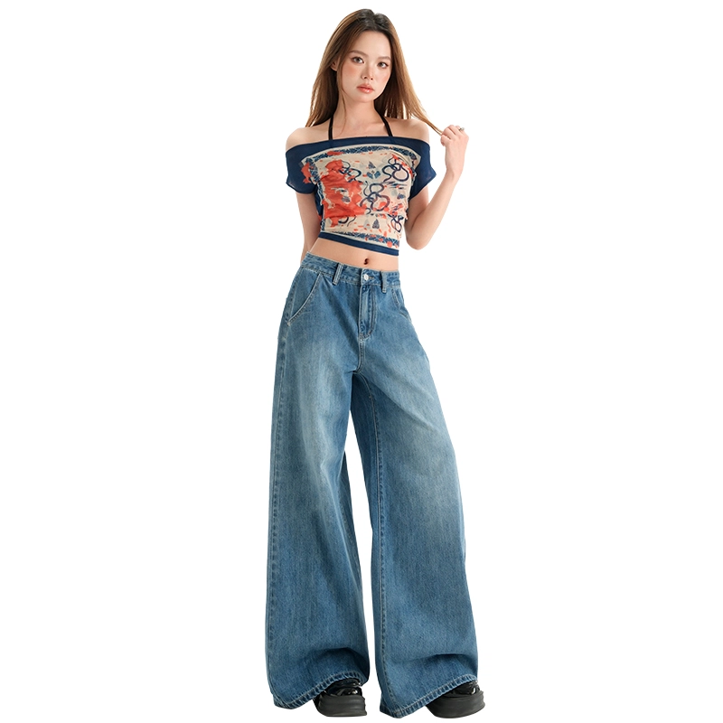 玫丝朵 常规高腰百搭时尚宽松阔腿裤牛仔裤 女款