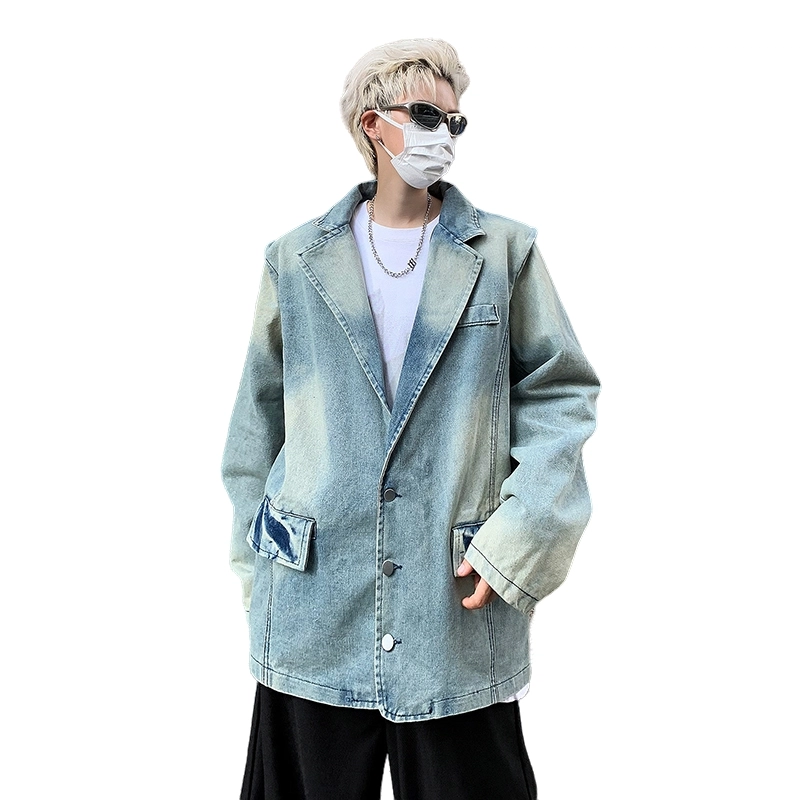 木林森 美式复古高街潮牌水洗做旧痞帅垫肩宽松西装领牛仔外套 男女同款