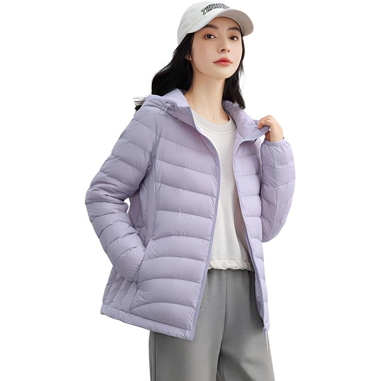鸭鸭 薄款纯色百搭连帽长袖羽绒服 女款