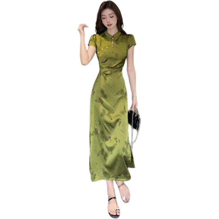 果瑱 新中式甜美少女穿搭极简主义现代立领国风旗袍缎面垂感蝴蝶印花修身收腰小个子短袖连衣裙 女款