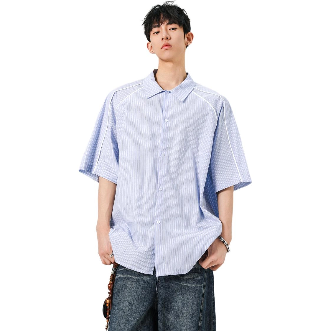 左岸 条纹宽松休闲短袖衬衫 男款