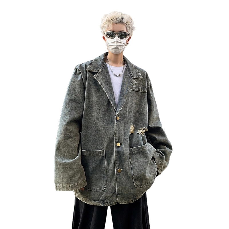 木林森 美式复古高街潮牌水洗做旧痞帅垫肩宽松西装领牛仔外套 男女同款