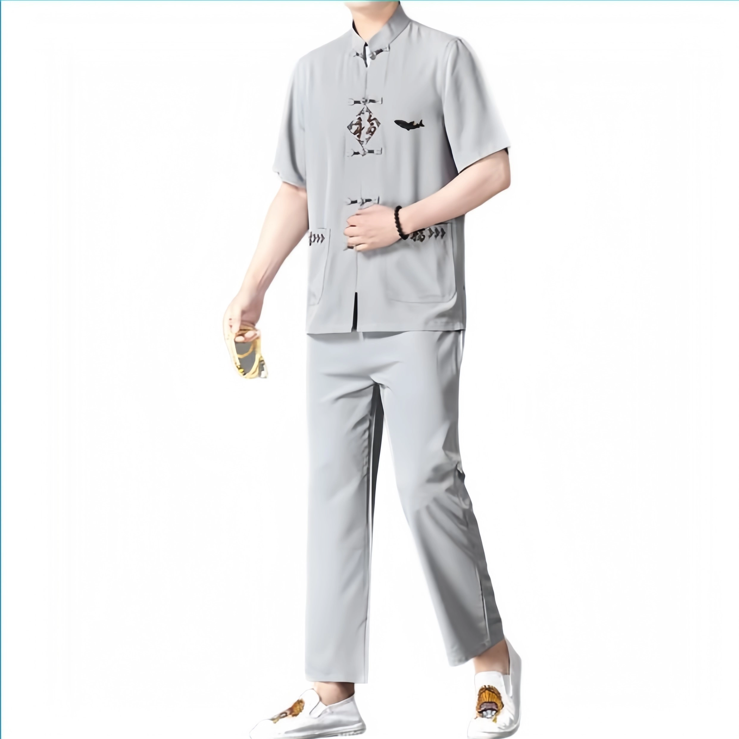 大白鲨 中老年唐装夏装男士中国风亚麻短袖中式老年人衣服休闲运动套装 男款