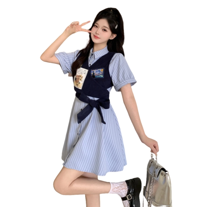 果瑱 学院风小众设计感日常出游绑带设计感马甲上衣气质甜美短袖连衣裙 女款