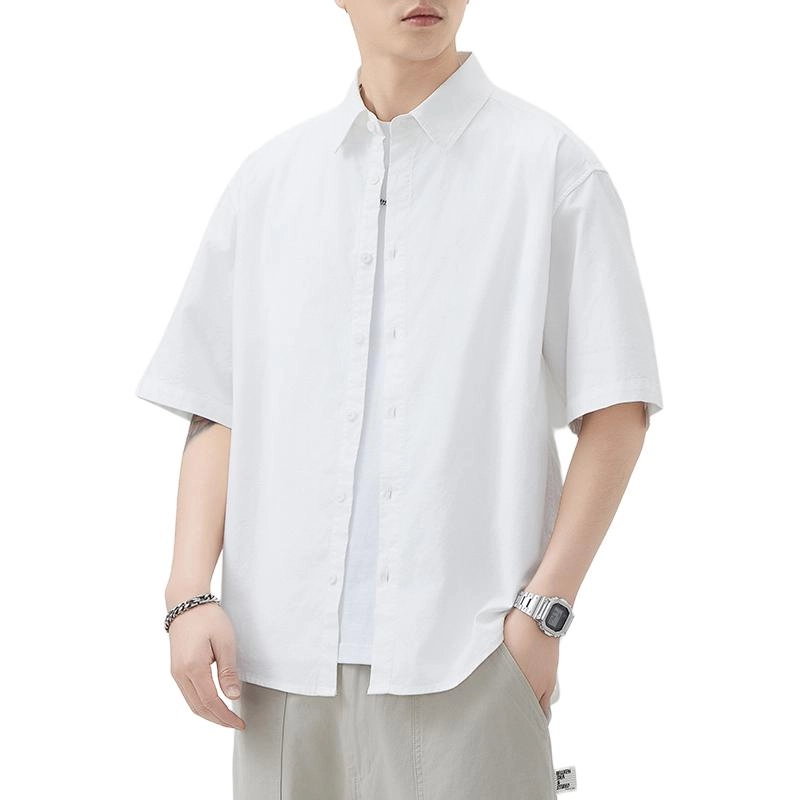 左岸 夏季轻薄纯棉透气短袖衬衣日系复古翻领纯色简约休闲上衣衬衫 男款