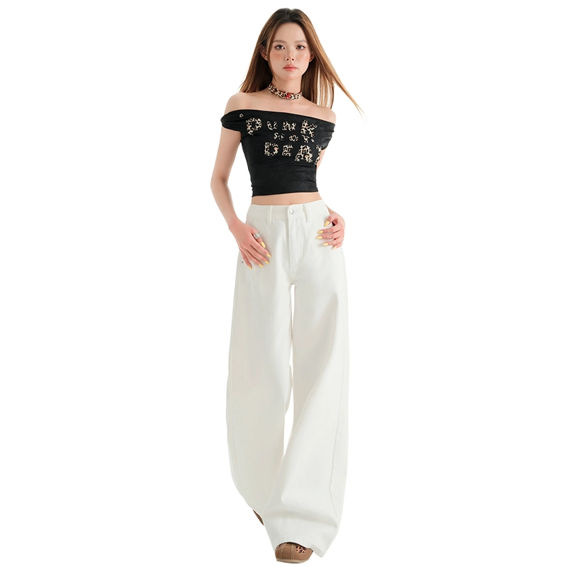 玫丝朵 常规高腰百搭时尚宽松阔腿裤牛仔裤 女款