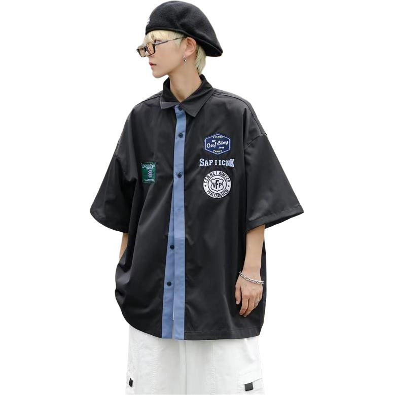 木木兔 复古美式日系帅气透气时尚简约轻便学生时尚潮流短袖衬衫 男款
