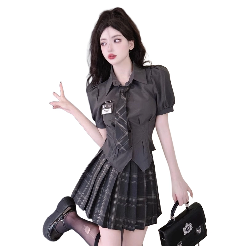邓大喵 制服衬衫短袖夏季美式甜辣妹纯欲收腰学生衬衣两件套裙子女裙装套装 女款