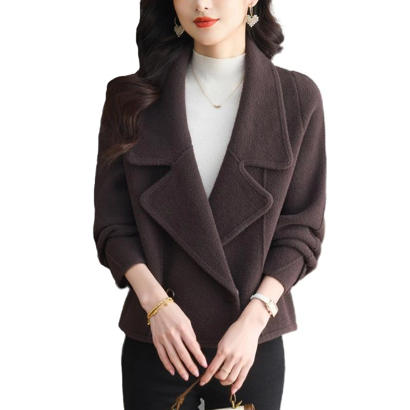 曲韩 西装领双排两粒扣上衣宽松休闲短款长袖春秋截短外套 女款