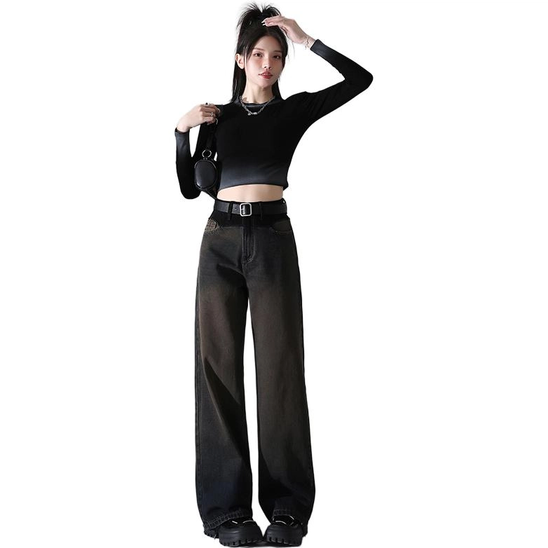 玫丝朵 美式复古高腰宽松直筒水洗做旧牛仔裤 女款 灰咖色