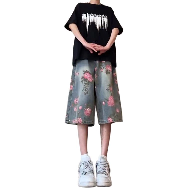 捷帕 美式高街花卉满印五分裤痞帅高级感小众时尚潮牌玫瑰花弯刀复古水洗做旧宽松中腰通勤休闲百搭牛仔短裤 男女同款