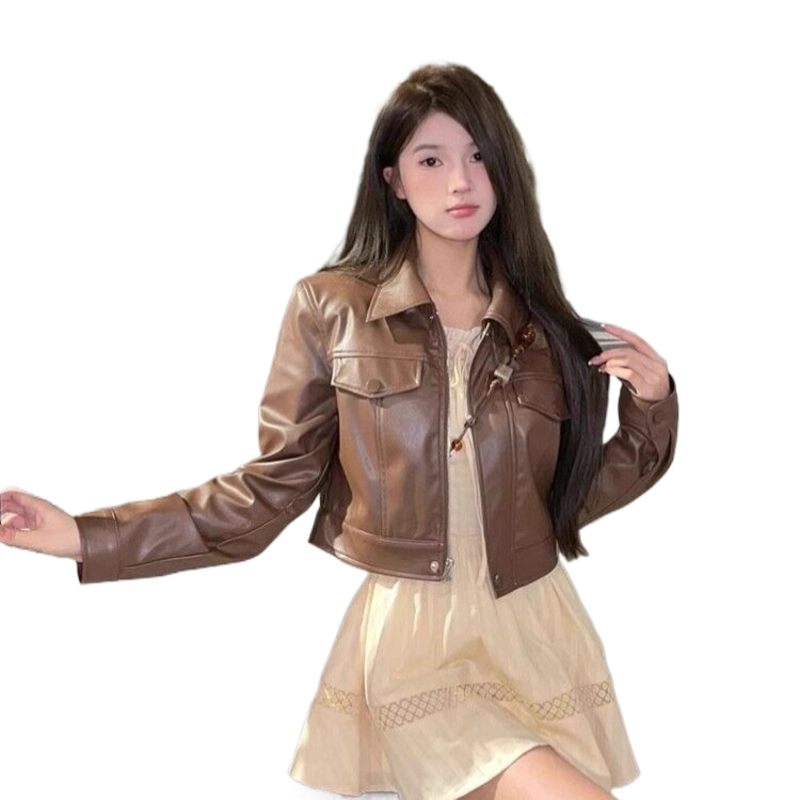 木清清 翻领休闲百搭短款皮衣 女款 棕色