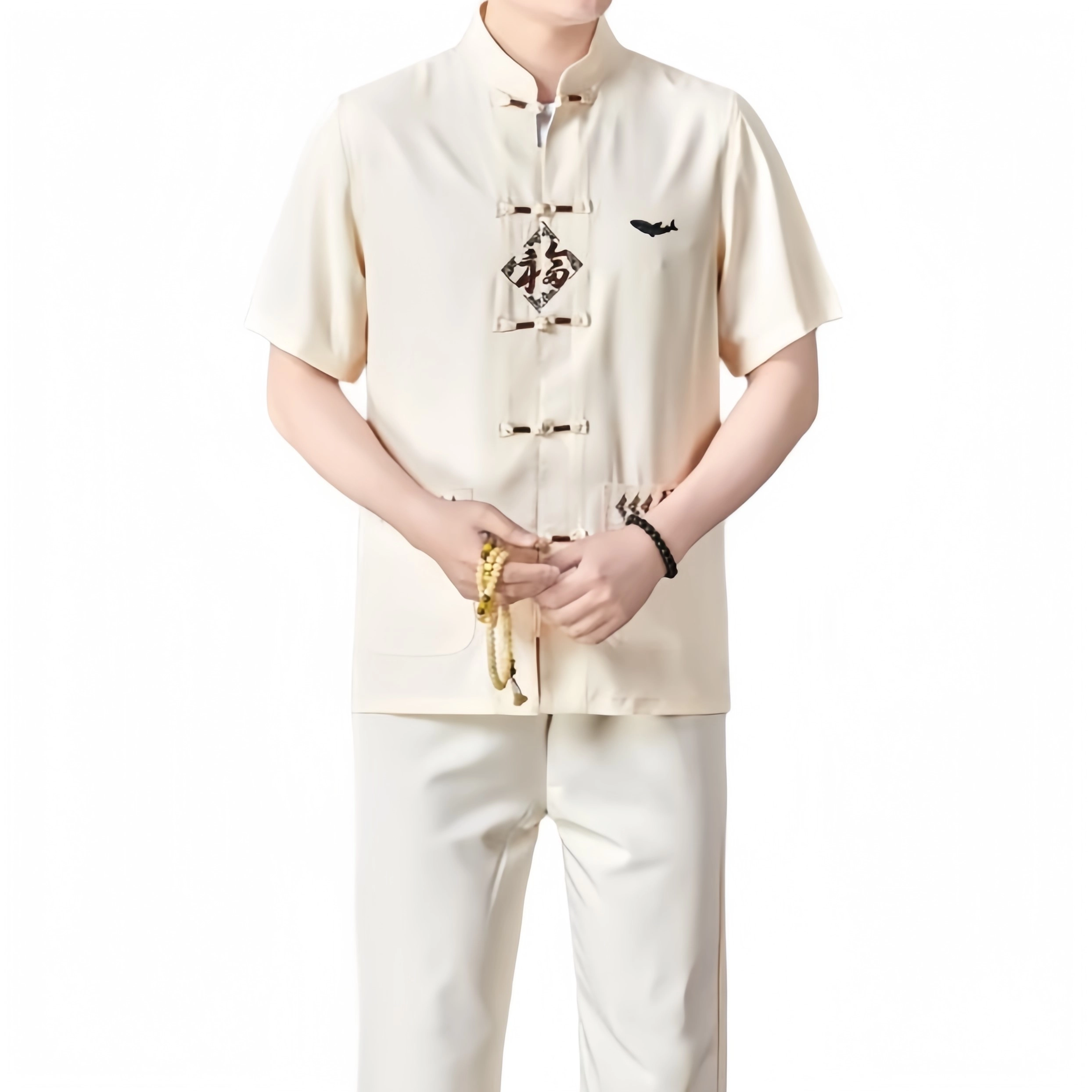 大白鲨 中老年唐装夏装男士中国风亚麻短袖中式老年人衣服休闲运动套装 男款
