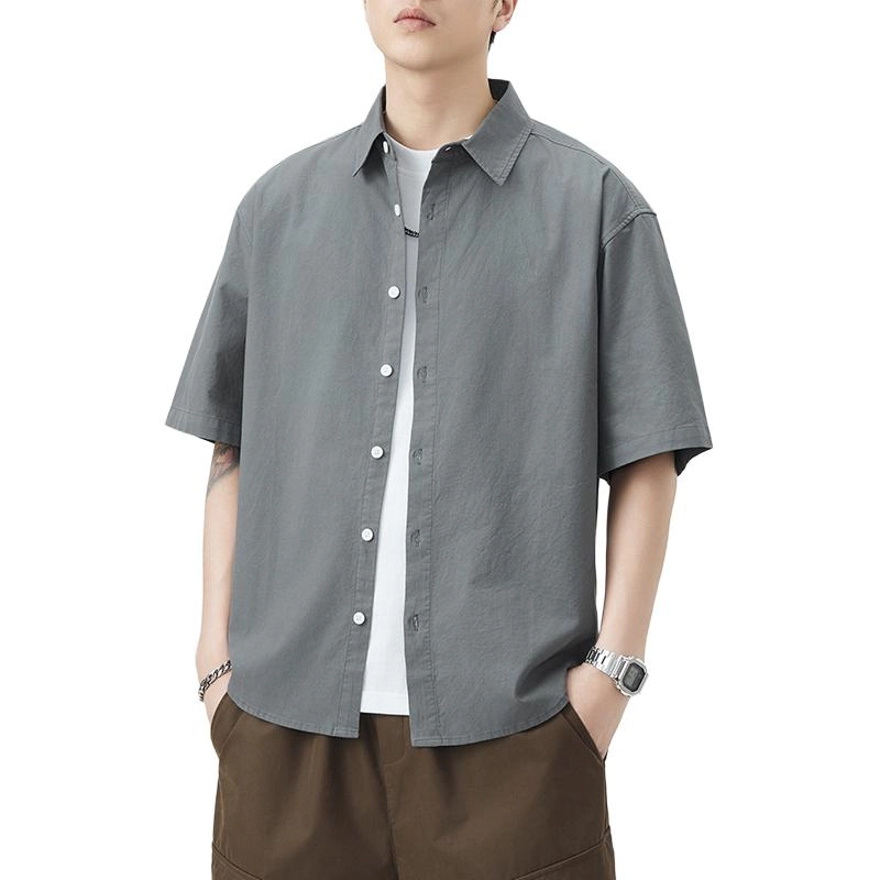左岸 夏季轻薄纯棉透气短袖衬衣日系复古翻领纯色简约休闲上衣衬衫 男款