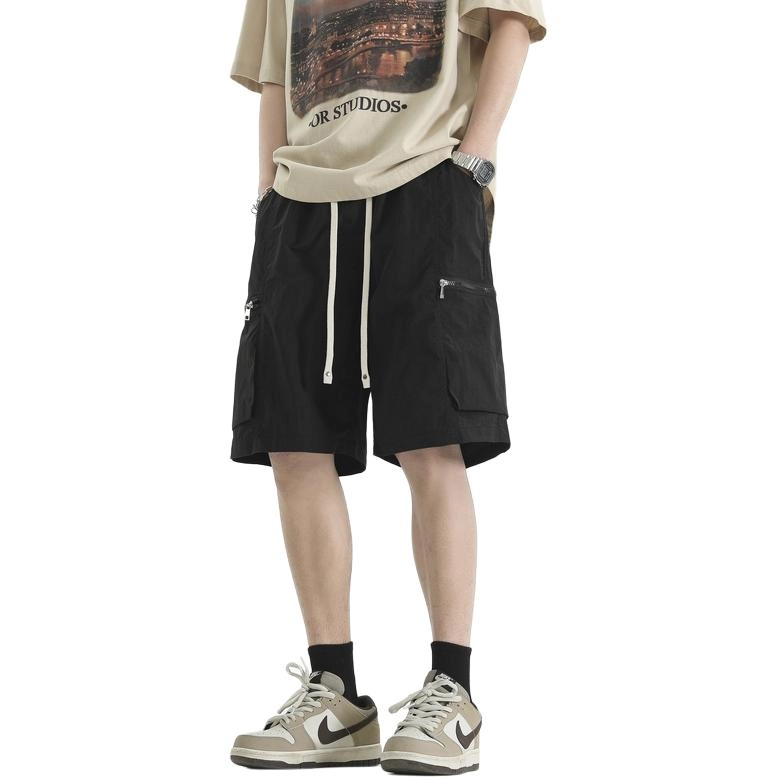 左岸 夏季轻薄款美式纯色宽松休闲直筒系带松紧腰中裤拉链大口袋百搭五分裤工装短裤 男款