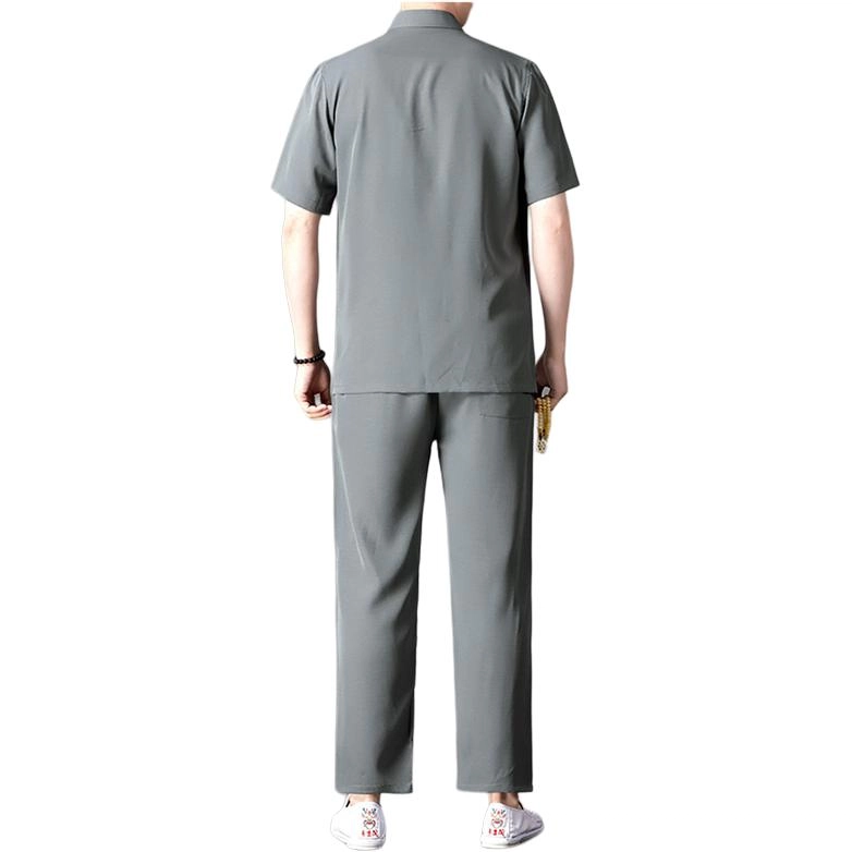 大白鲨 中老年唐装夏装男士中国风亚麻短袖中式老年人衣服休闲运动套装 男款