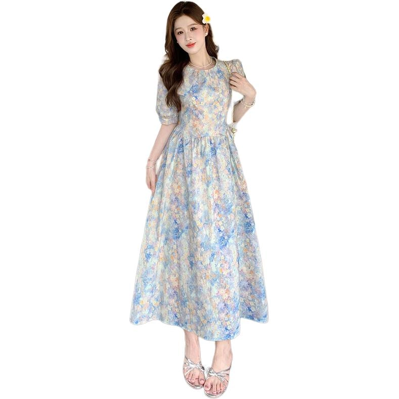 水中花 大码韩系高级感碎花油画风裙子短袖连衣裙 女款