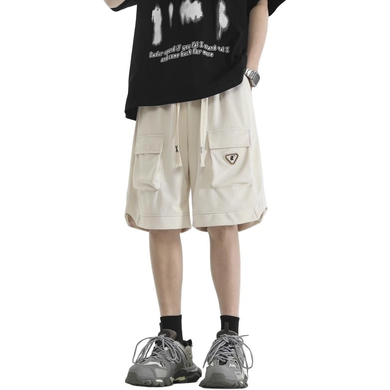 左岸 美式夏季轻薄款纯色宽松休闲直筒系带松紧腰中裤大口袋百搭五分裤工装短裤 男款
